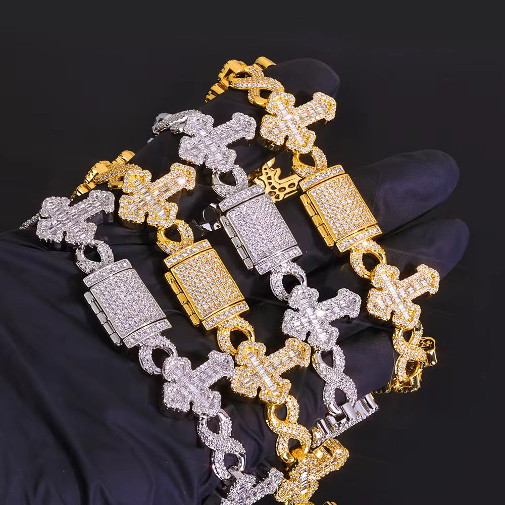 Fine Jewelry 15MM Iced Out Chain Gold Plated Flip Lock Cross 8 Character Infinity Charm Bling CZ Bracelet