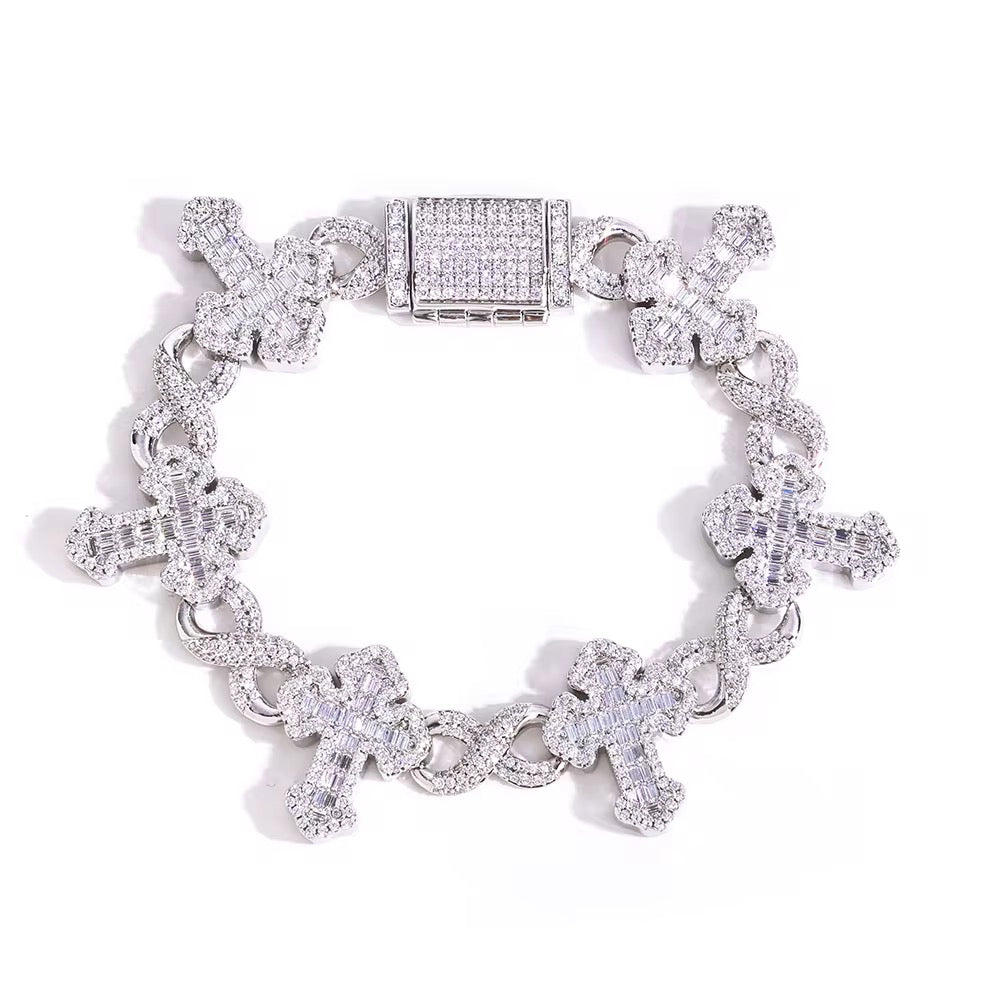 Fine Jewelry 15MM Iced Out Chain Gold Plated Flip Lock Cross 8 Character Infinity Charm Bling CZ Bracelet
