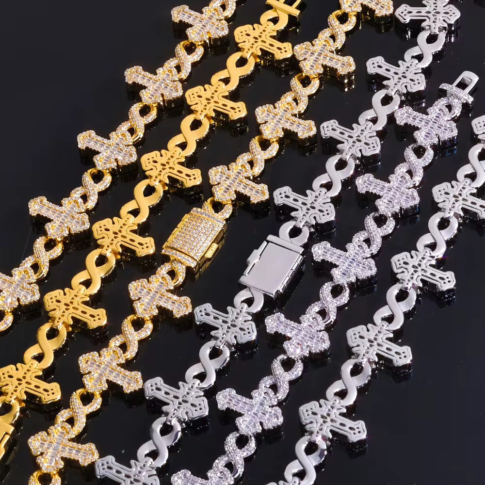Fine Jewelry 15MM Iced Out Chain Gold Plated Flip Lock Cross 8 Character Infinity Charm Bling CZ Bracelet