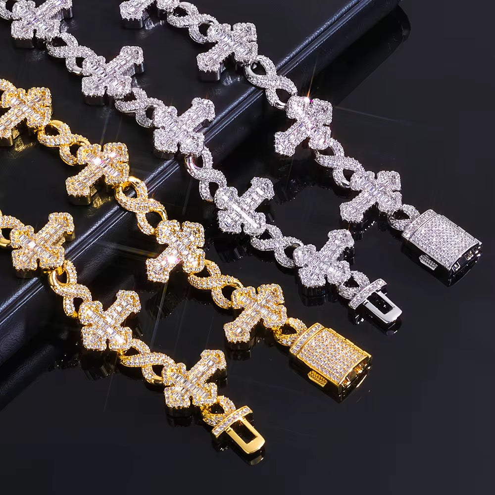 Fine Jewelry 15MM Iced Out Chain Gold Plated Flip Lock Cross 8 Character Infinity Charm Bling CZ Bracelet