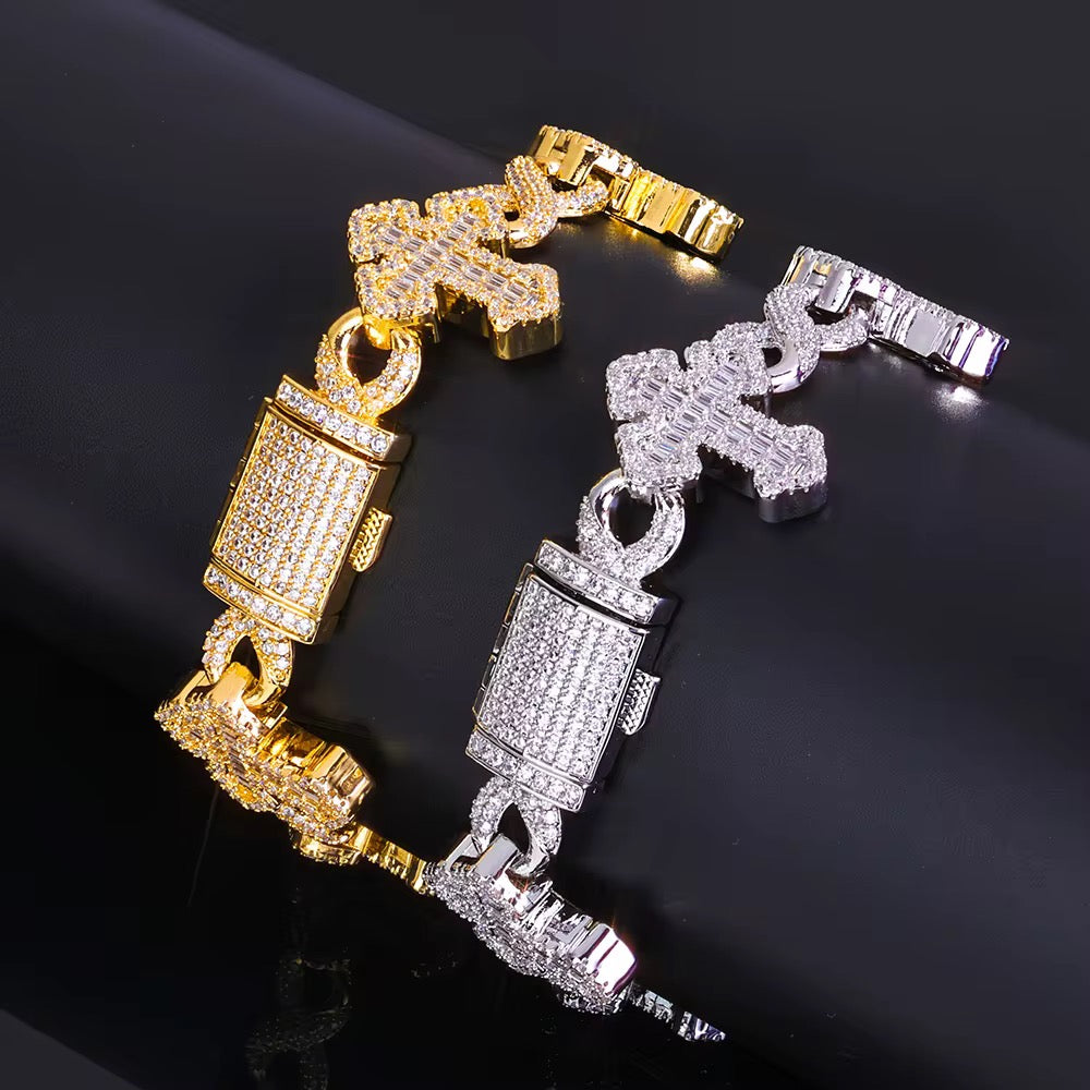 Fine Jewelry 15MM Iced Out Chain Gold Plated Flip Lock Cross 8 Character Infinity Charm Bling CZ Bracelet