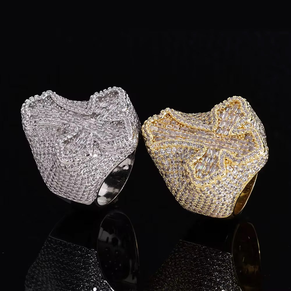 Hip Hop Rapper Jewelry Shiny Diamond Cross Ring for Men White Gold Plated Micro Pave Baguette Zircon