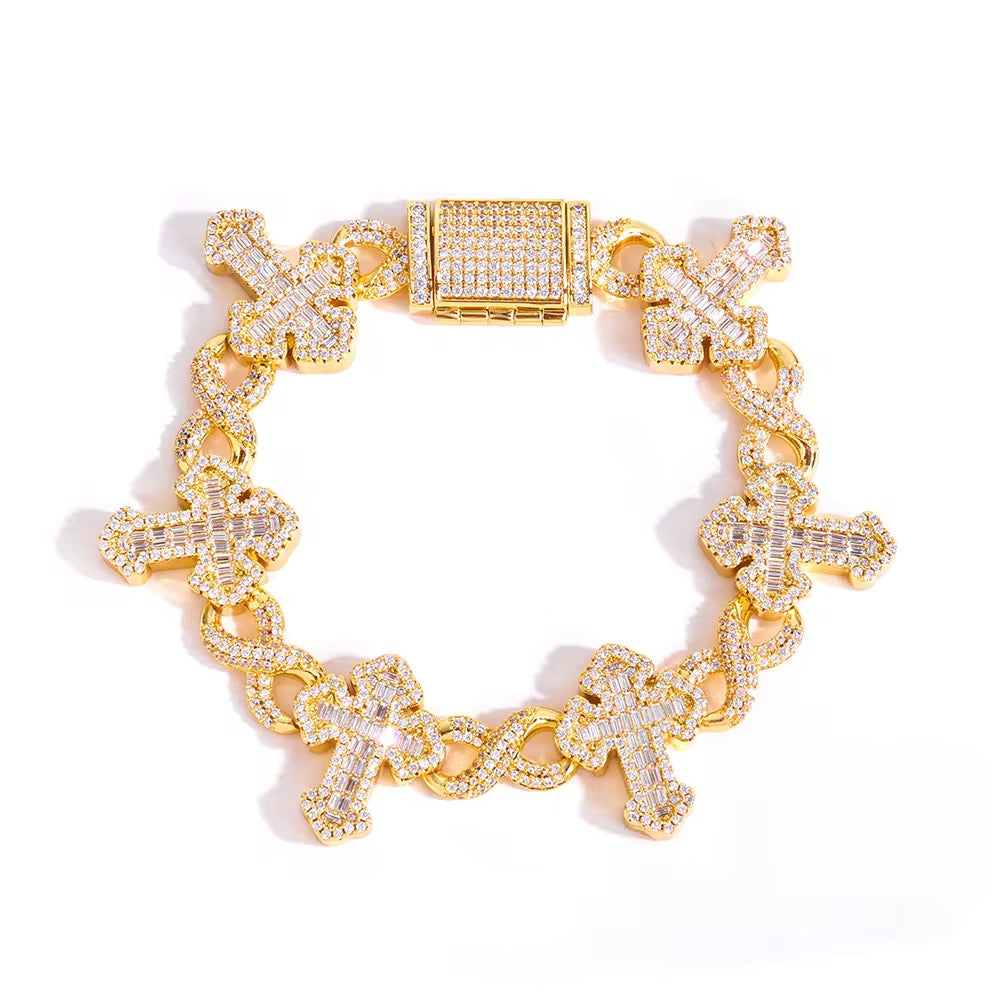 Fine Jewelry 15MM Iced Out Chain Gold Plated Flip Lock Cross 8 Character Infinity Charm Bling CZ Bracelet
