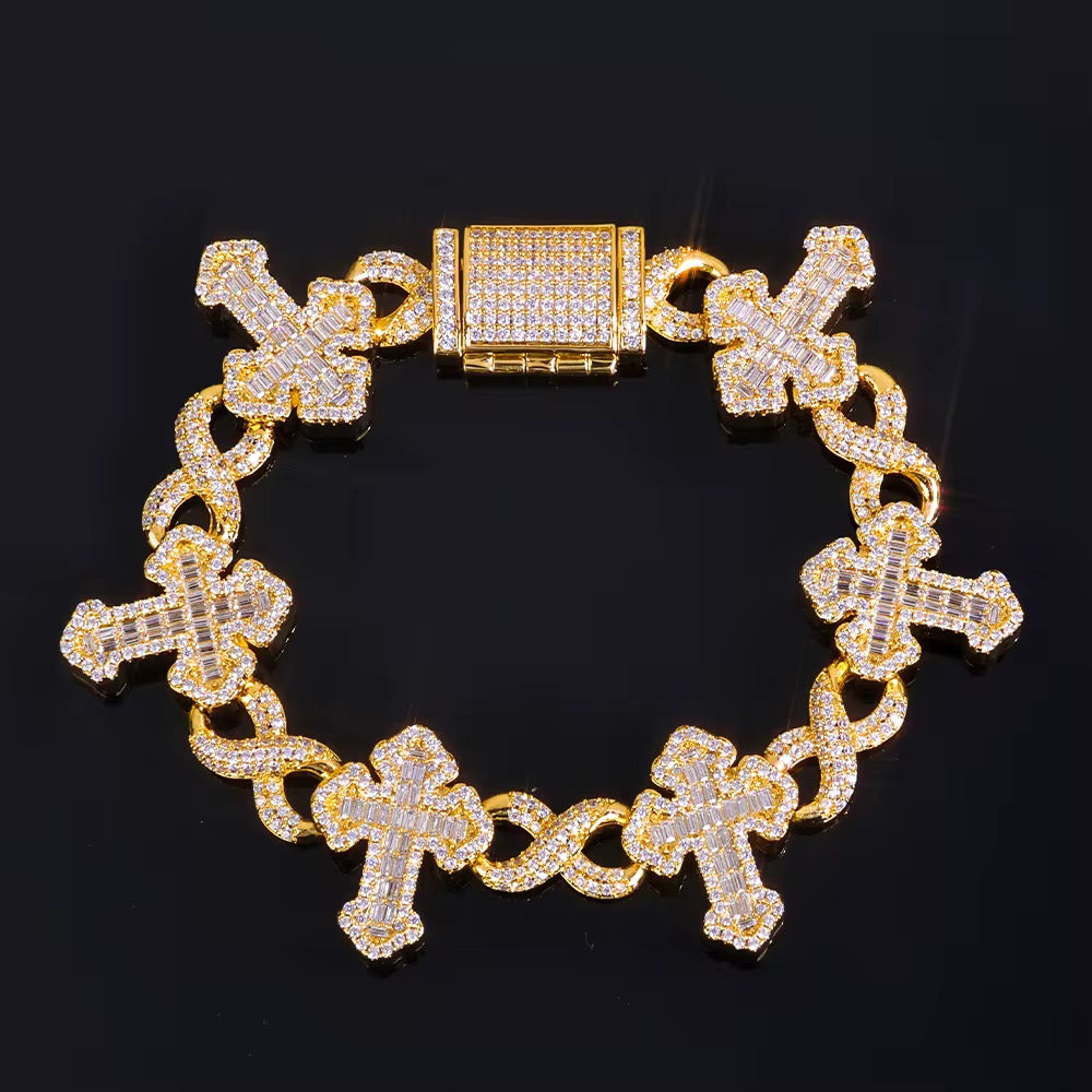 Fine Jewelry 15MM Iced Out Chain Gold Plated Flip Lock Cross 8 Character Infinity Charm Bling CZ Bracelet