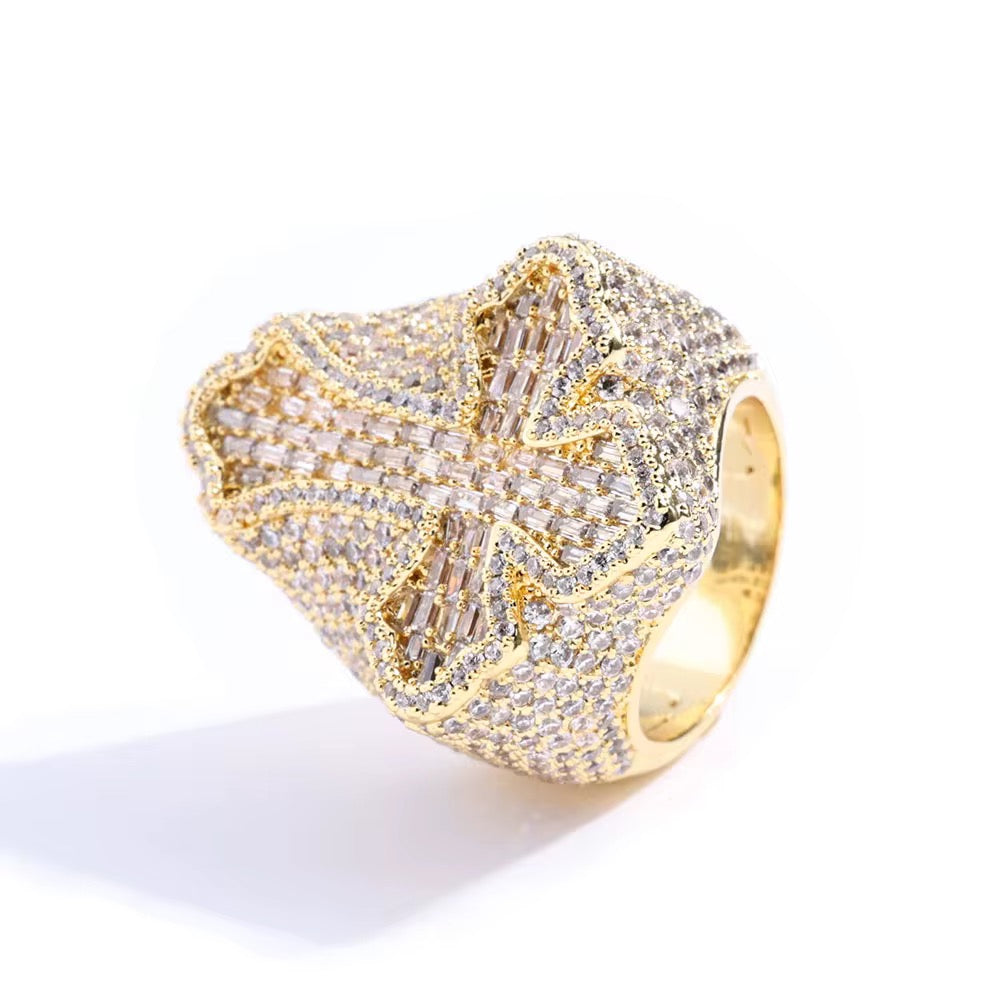 Hip Hop Rapper Jewelry Shiny Diamond Cross Ring for Men White Gold Plated Micro Pave Baguette Zircon