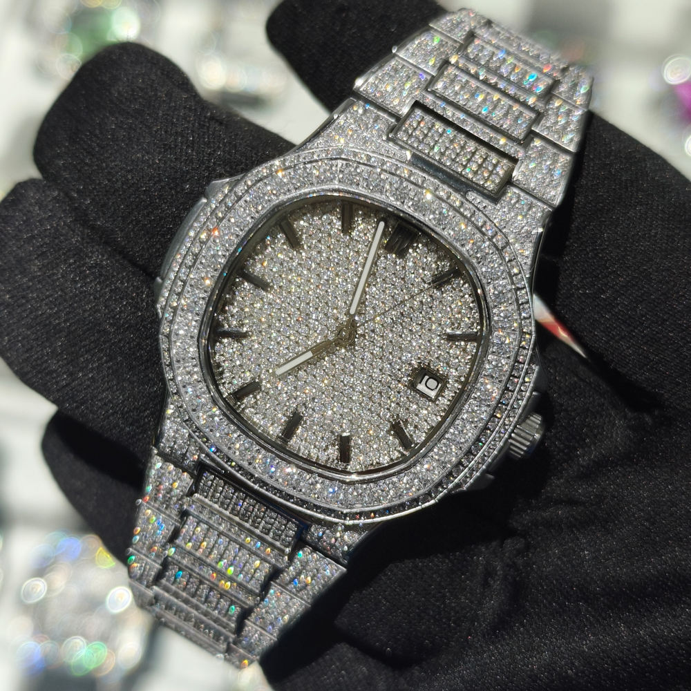 Stainless Steel Mechanical Moissanite Watch - D VVS Moissanite, Pass Diamond Tester, Luxury Hip Hop Style Wholesale Available