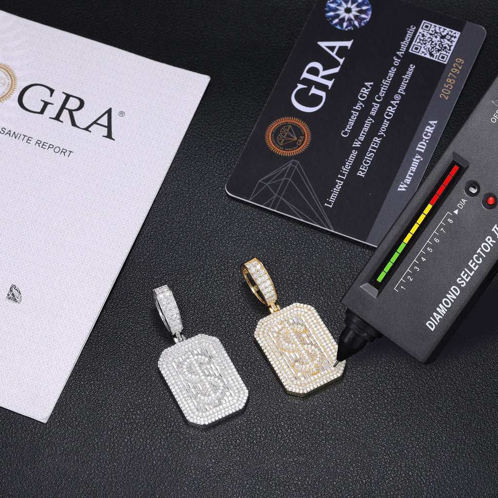 New Arrival Pass Diamond Tester Hip Hop 925 Sterling Silver Baguette Moissanite Diamond Dollar Sign Dog Tag Pendant Jewelry